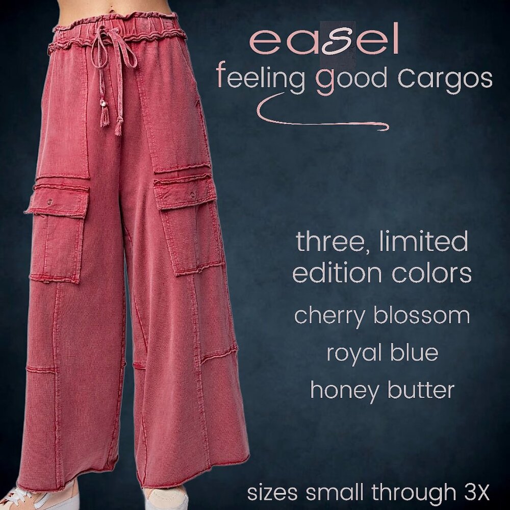 EASEL “Feeling Good Cargos” Mineral Washed Flared Leg, Raw Seams & Hems, Pockets - Picture 5 of 16